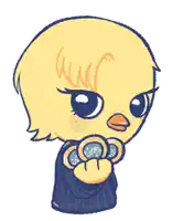 a cartoon drawing of a yellow duck with a black shirt on
