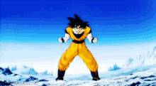 a cartoon character is standing on a snow covered mountain .