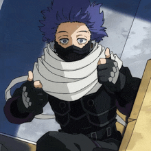 a cartoon character with purple hair is wearing a black mask and giving a thumbs up