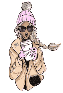 a drawing of a woman wearing a pink hat and holding a cup of coffee