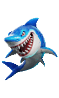 a blue and white shark with its mouth open and sharp teeth