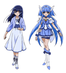 a girl in a white dress and a girl with blue hair