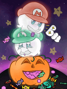 a cartoon drawing of mario and luigi standing on top of a pumpkin surrounded by candy