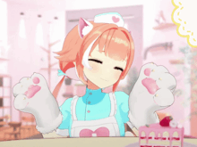 a girl with a cat ear and a nurse 's hat is holding her paws up in front of a cake
