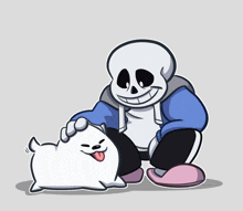 a cartoon of a skeleton petting a white dog