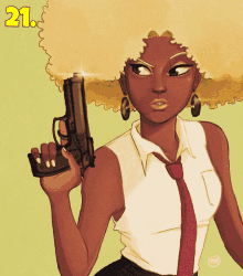 a cartoon drawing of a woman holding a gun with the number 21 in the corner