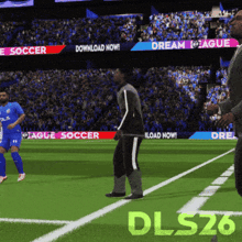 a man in a suit stands on a soccer field with dls26 written in green