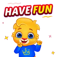 a cartoon character with a blue shirt and a crown on his chest says have fun