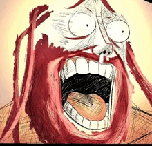 a drawing of a cartoon character with his mouth open and blood coming out of his mouth .