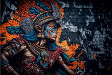 a colorful painting of a native american with a feathered headdress on a brick wall