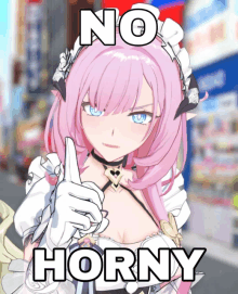 a picture of a girl with pink hair and the words no horny on it