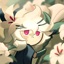 a cartoon character with white hair and red eyes is surrounded by flowers