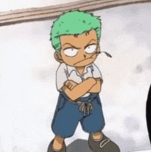 a little boy with green hair is standing with his arms crossed and making a funny face .