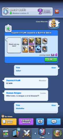 a screenshot of a clash of clans game shows a conversation between great wolf 's and superstitium