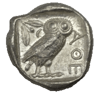 a coin with an owl on it and the letter e on the bottom