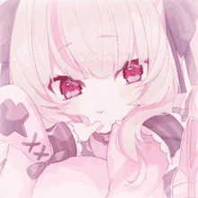 a close up of a pink anime girl with red eyes and a bow .