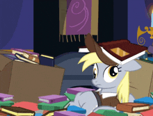 a cartoon pony with a book on her head is surrounded by books