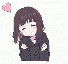 a girl in a black hoodie is making a heart with her hands and a pink heart behind her .