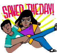 a cartoon of a man carrying a woman with the words " saved the day " written above them