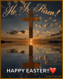 a picture of a cross with the words " he is risen " on it