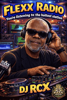 a poster for flexx radio shows a man wearing headphones and sunglasses