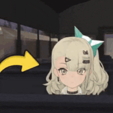 a cartoon girl is waving her hand with a yellow arrow pointing to the right