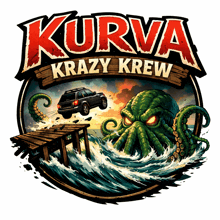a logo for a company called kurva krazy krew with a car and octopus