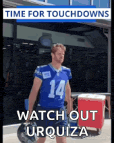 a football player in a blue jersey with the number 14 on the front