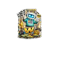 a cartoon illustration of a robot holding a checkered flag with the letter w in the middle