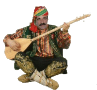 a man with a mustache is playing a guitar with a c on it