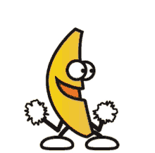 a cartoon drawing of a banana with arms and legs holding pom poms