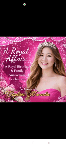 a woman wearing a tiara and a pink dress is on a poster for a royal birthday and family anniversary celebration