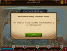 a congratulations message is displayed on a quest milestone screen