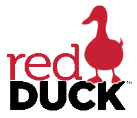 a logo for red duck shows a red duck on a white background