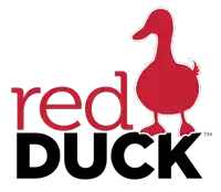 a logo for red duck shows a red duck on a white background