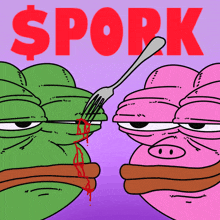 a cartoon of a frog and a pig with a fork in their mouth and the word pork above them