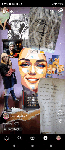 a phone screen shows a collage of images including one of a woman and the word prose