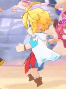 a cartoon character is dancing in a video game while another character looks on .