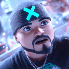 a man with a beard and a beanie with a blue x on it