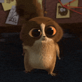 a cartoon character with big orange eyes is standing in front of a bulletin board with drawings of animals on it