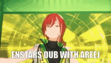 a cartoon girl with red hair is dancing with the words enstars dub with areej