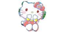 a white hello kitty with a pink bow and a flower on her head