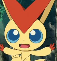 a cartoon rabbit with blue eyes and a red heart on its head