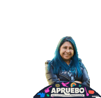 a woman with blue hair is standing in front of a sign that says aprueba