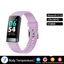 a smart watch with a purple band shows the body temperature