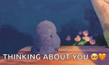 a cartoon character sitting on a bench with the words " thinking about you "
