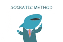 a cartoon shark wearing a suit and tie with the words socratic method written below it