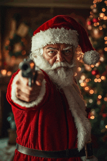 a man dressed as santa claus holds a gun in front of a christmas tree