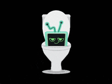 a cartoon character is sitting on a toilet with a tv in its head .