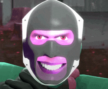 a close up of a person 's face with a purple mask on